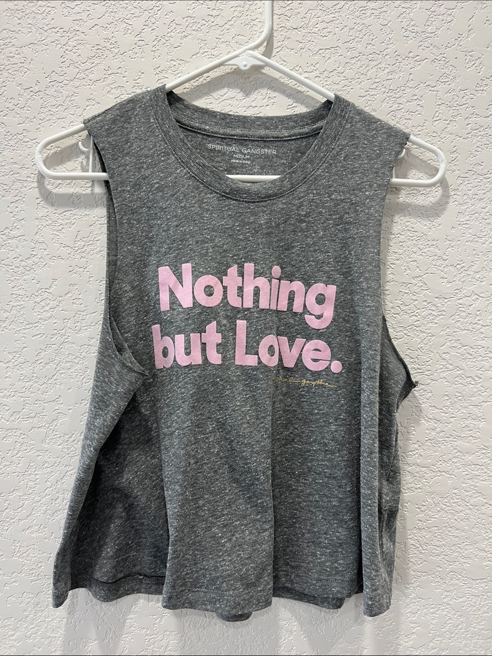 Spiritual Gangster Gray Muscle Tee with Pink "Nothing but Love." Graphic